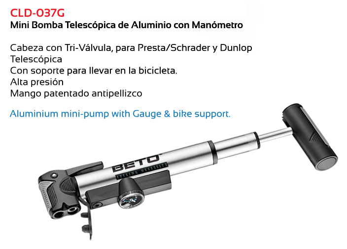 BOMBIN BICICLETA TKX CLD037G MINI ALUMINIO TELESCOPICO MANOMETRO